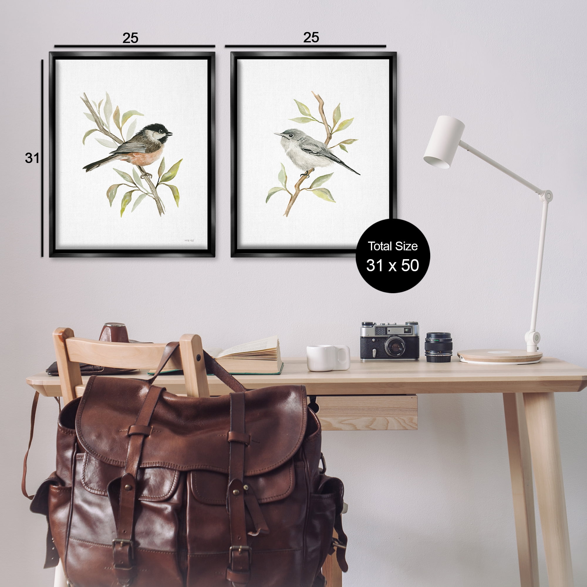 Stupell Industries Small Birds on Branches Animals Painting Black Floater Framed Canvas Art Print Wall Art, 31 x 25, Set of 2