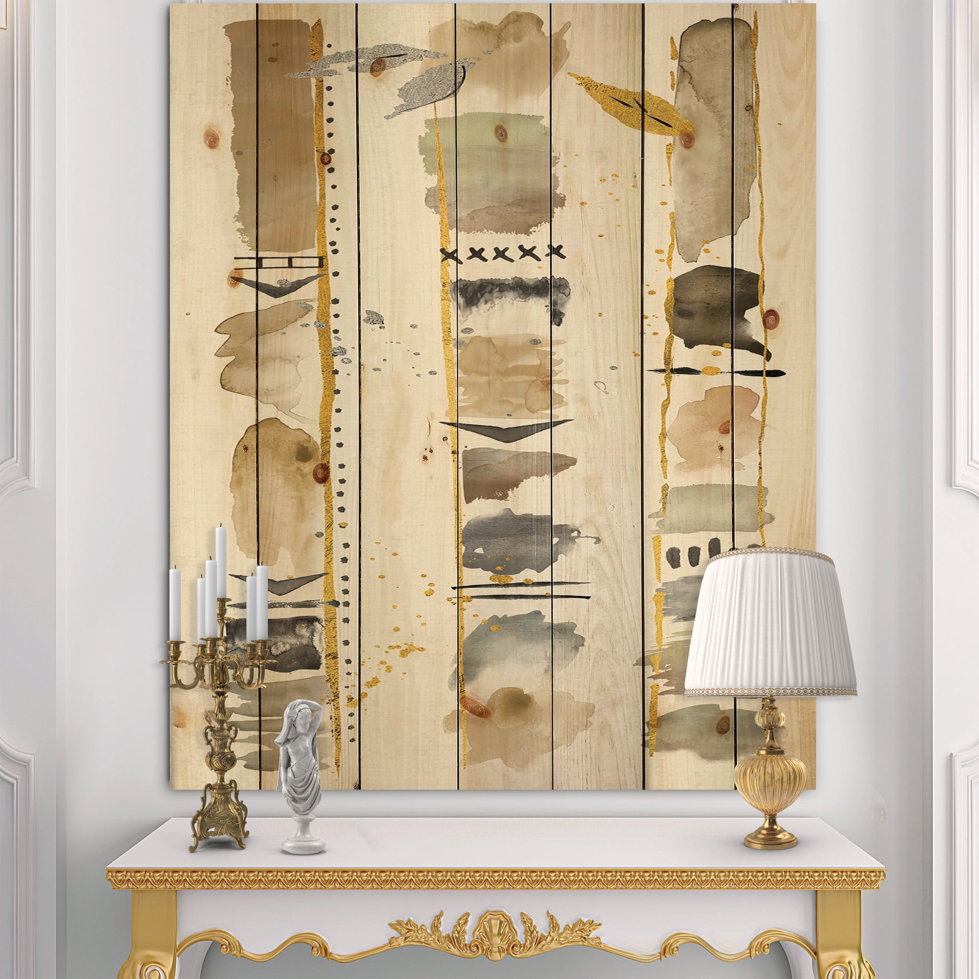 Designart 'Abstract Gold Birch Trees I' Modern & Transitional Print on Natural Pine Wood