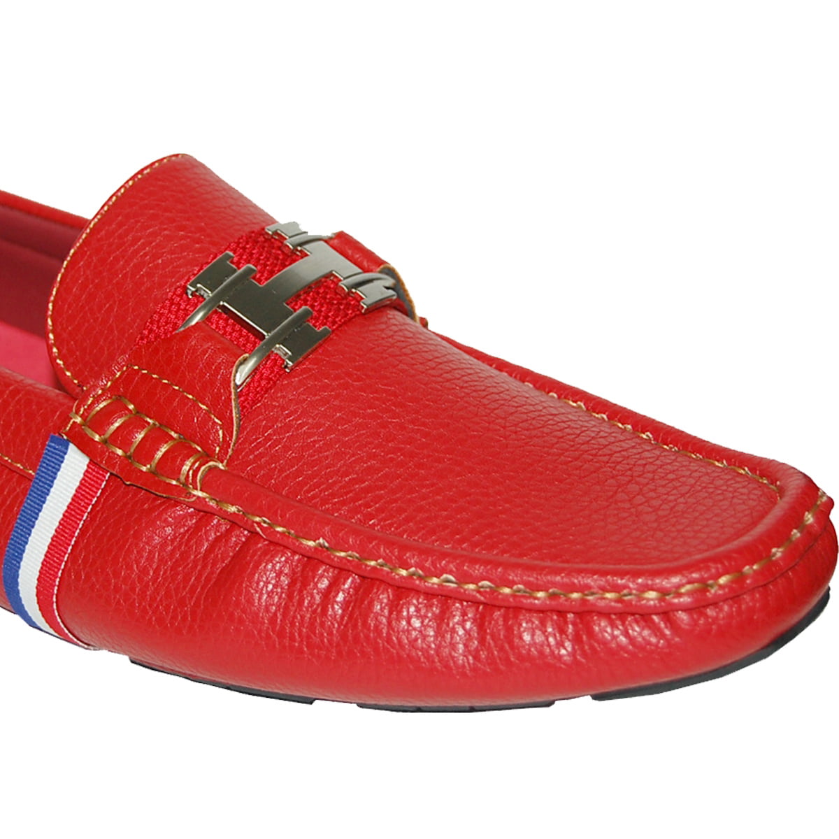 white and red loafers