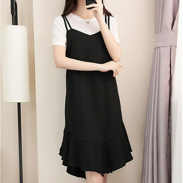 Black strap dress with white hot sale t shirt