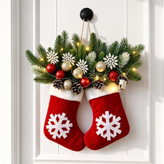 Christmas Stocking Wreath, 15.7 inch Pre-Lit Door Wreath with Twinkling Lights, Festive Indoor and Outdoor Wall Hanging for Front Door and Fireplace Mantel