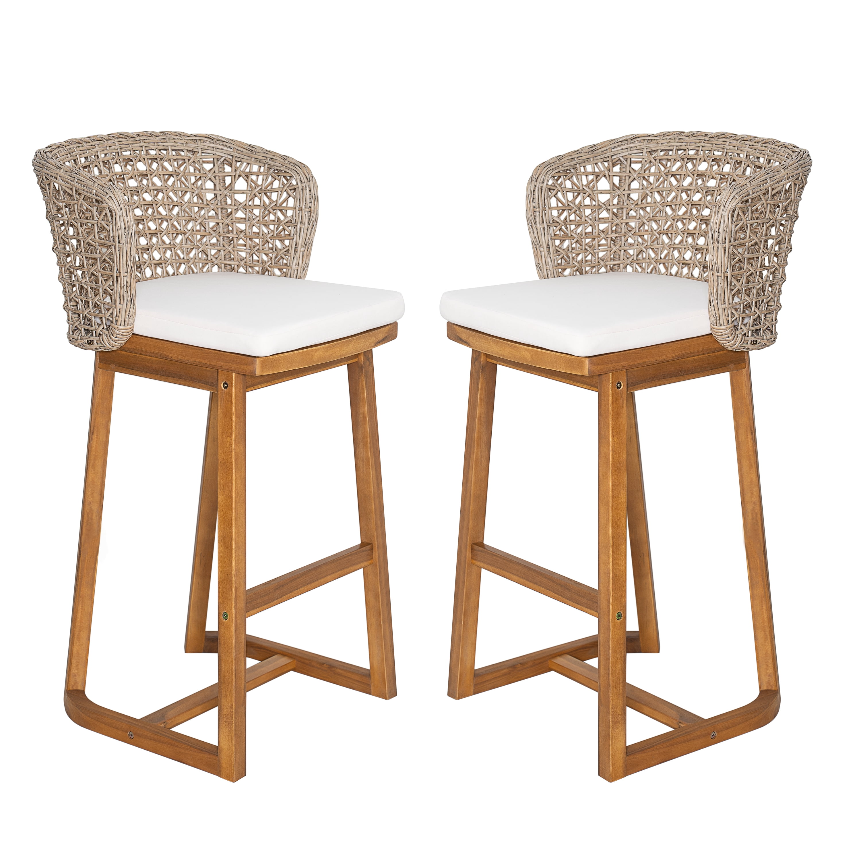 Bar Stools Set of 2, Outdoor Acacia Wood Teak Finish Bar Height Chairs with Beige Cushion, Teak