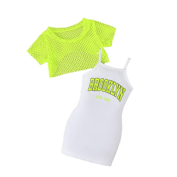 MEZZALL Girls Summer Outfits 2PCS Set Toddler Casual Dress With Sleeveless Tops Letter Print Breathable Mesh Fabric Stretchy Comfortable Daily Wear For Baby 1-5 Years Breathable Baby Wear