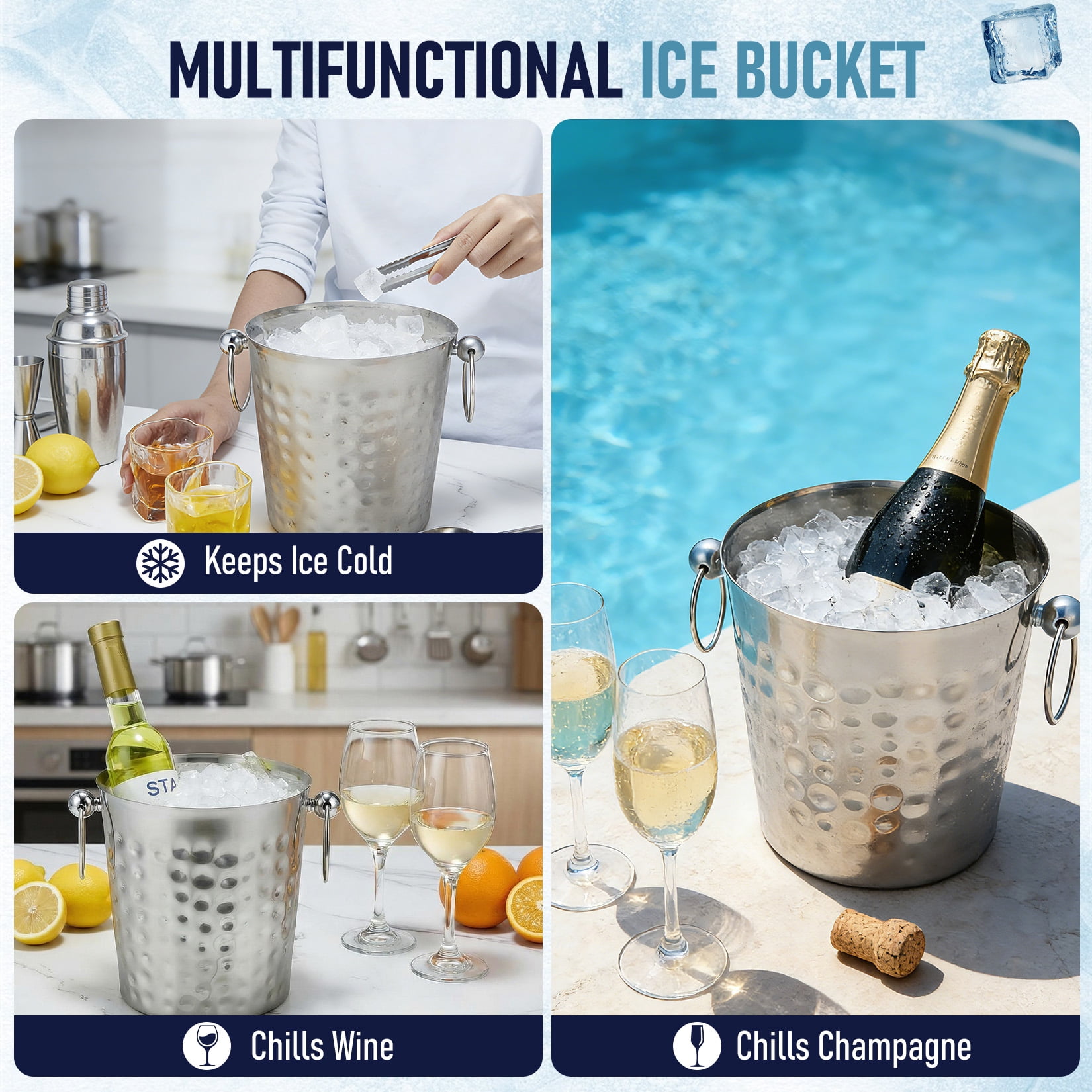 102oz Hammered Stainless Steel Ice Bucket with Scoop, Double Handle Metal Wine & Champagne Chiller, Non-Slip Beverage Cooler for Bar, Party & Home (7.5" x 7.5" x 7.3")