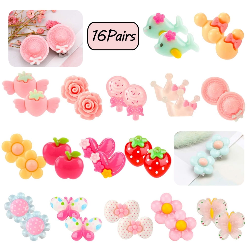 LNKOO 16 Pairs Clip on Earrings Girls, No Pierced Design Earrings Dress up Pretend Princess Play Jewelry Accessories with Storage Box for Kids
