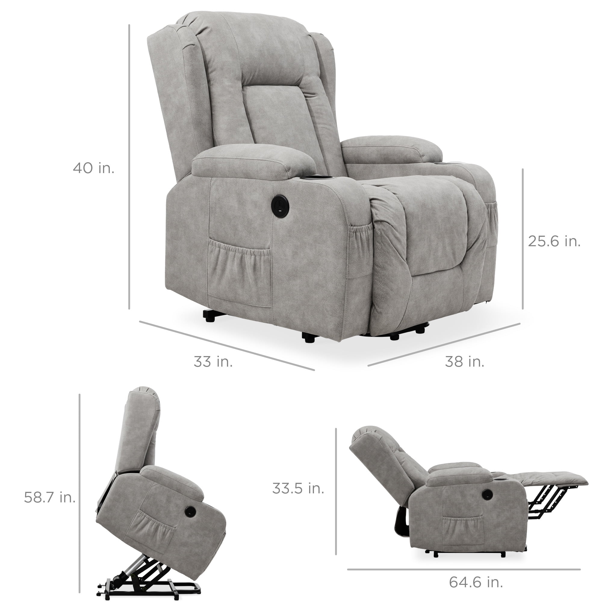 Best Choice Products Electric Power Lift Recliner Massage Chair Furniture w/ USB Port, Heat, Cupholders - Gray