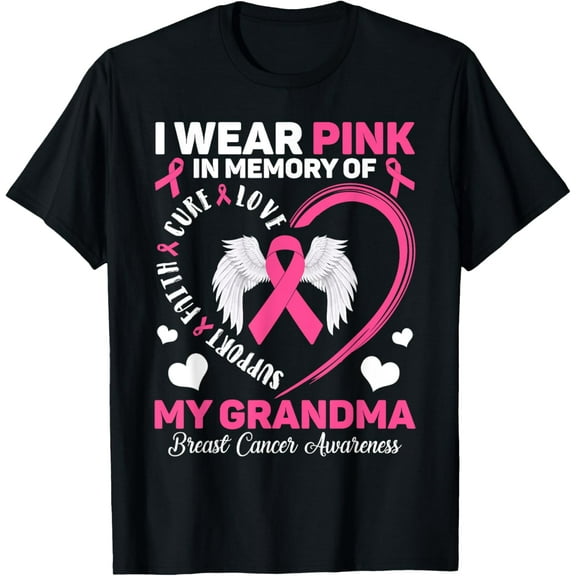 I Wear Pink In Memory Of My Grandma Breast Cancer Awareness T-ShirtMen and women, Black T-shirt, size: Extra large