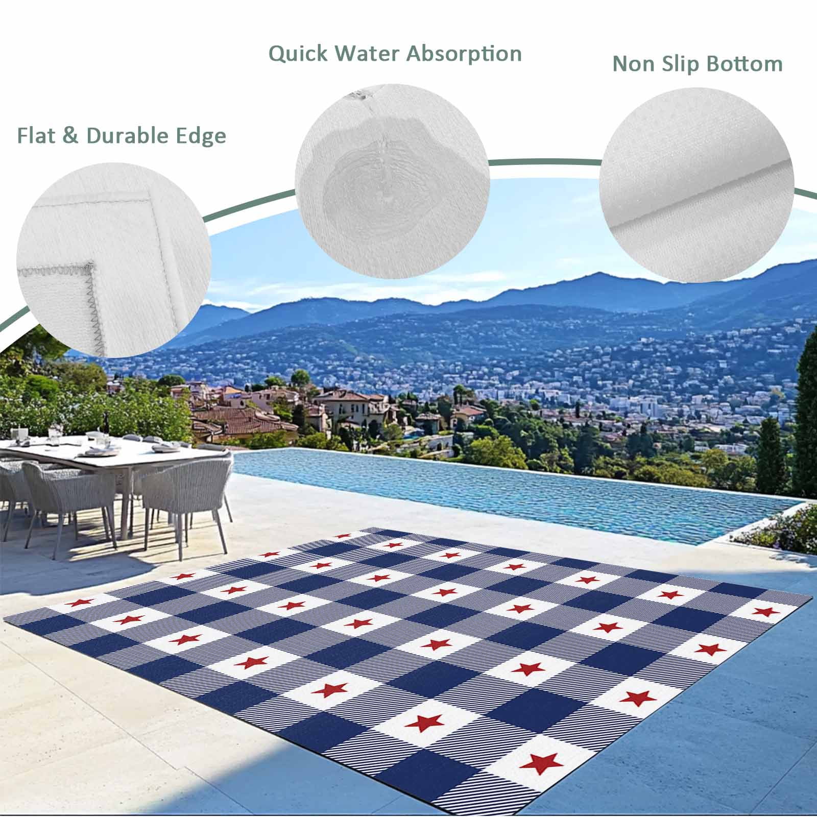 Outdoor Rug 4x6 ft 4th of July Red Americana Stars Waterproof Outdoor Patio Rug Mat Non Slip Outside Area Rugs Carpet for RV,Camping,Porch,Deck,Pool,Balconybackyard,Blue White Check Plaid