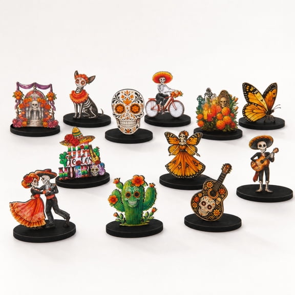 Day of the Dead Decorations Mexican Wooden Figurines Set, 12Pcs Hand-Painted Dancing Couple Sugar Skull Ornaments for Ofrenda Altar Home Shelf Mantel Party Centerpiece Tabletop Display