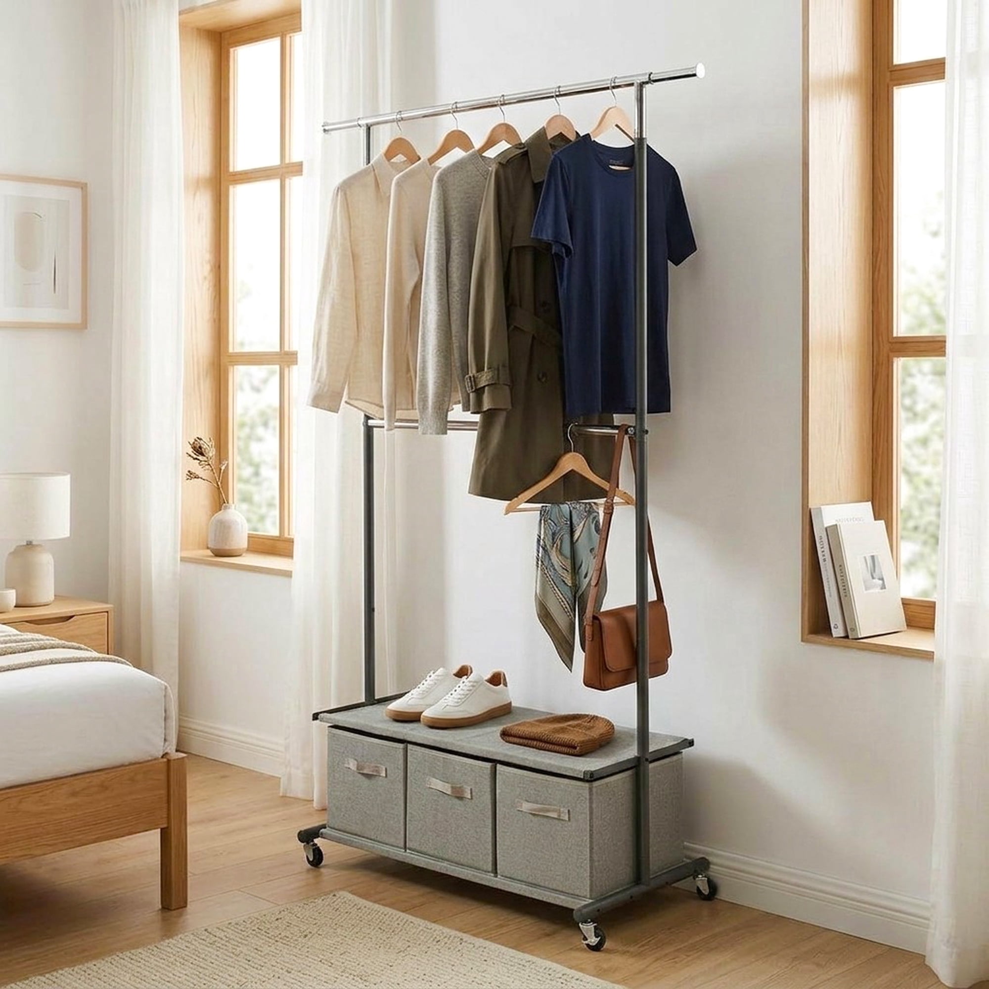 Better Homes & Gardens 2-Tier Metal Rolling Garment Rack with 3 Drawer Closet Organizer, Gray