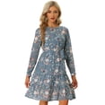 thumbnail image 1 of Vestido de gasa floral para mujer Vestido de manga larga con cinturón y volantes Gris XS, 1 of 6