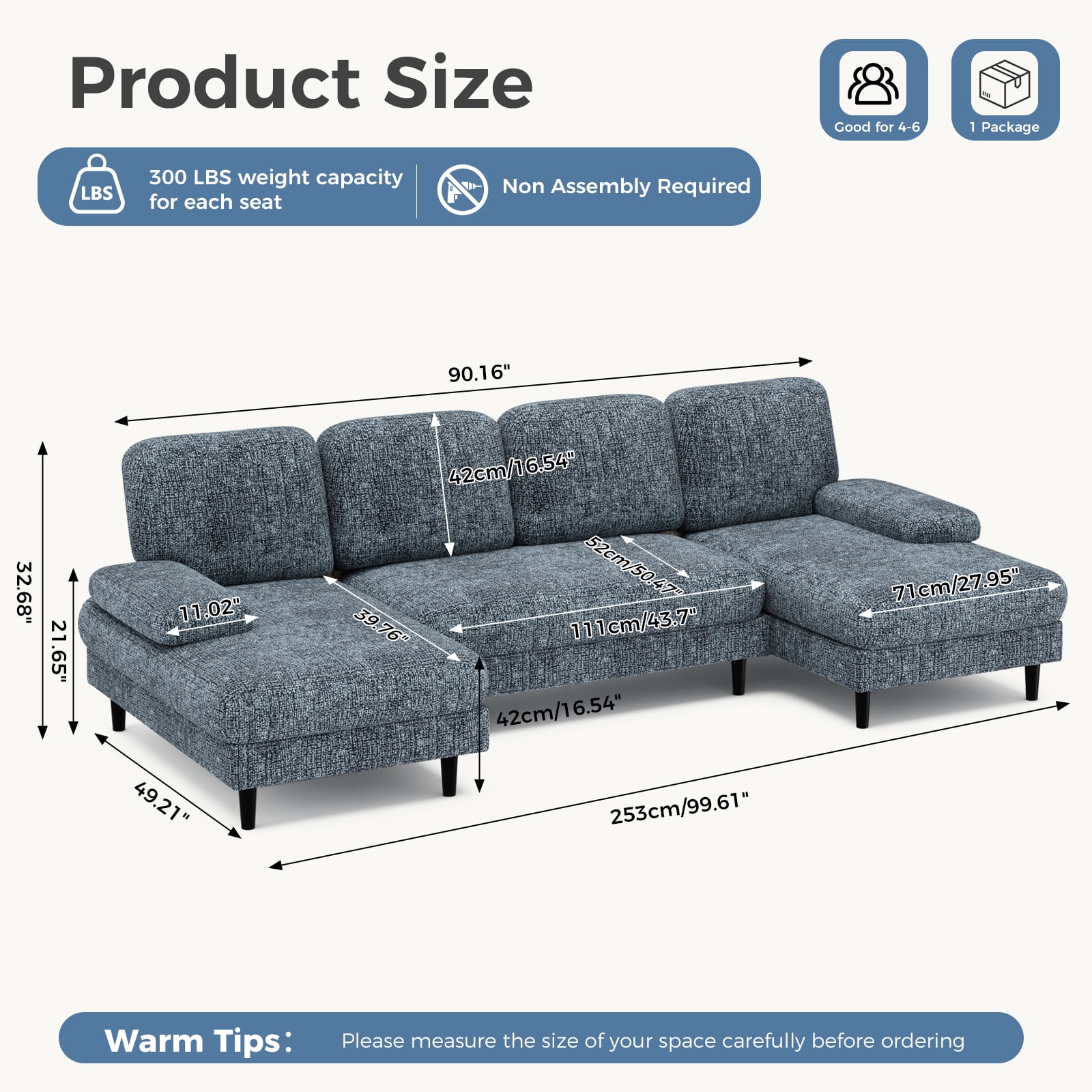 CONCETTA U Shaped Sectional Sofa Couches with Double Chaise 4-Seat Set, Chenille Fabric Cushion for Living Room Home Furniture, Dark Grey