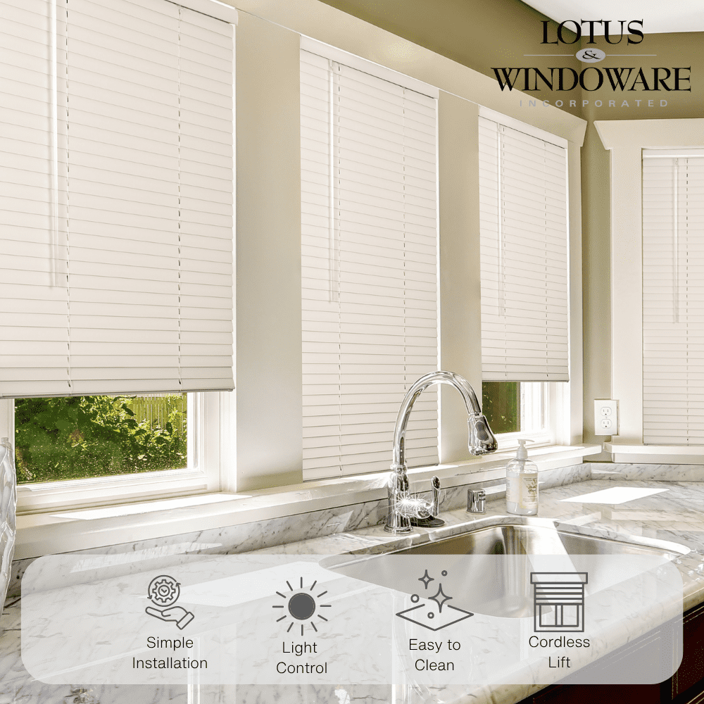 LOTUS & WINDOWARE Cordless 1-inch Aluminum Blind, 89" x 60", Alabaster,Smooth, Room Darkening, Horizontal Blinds for Living Room, Bedroom, Interior Door Windows