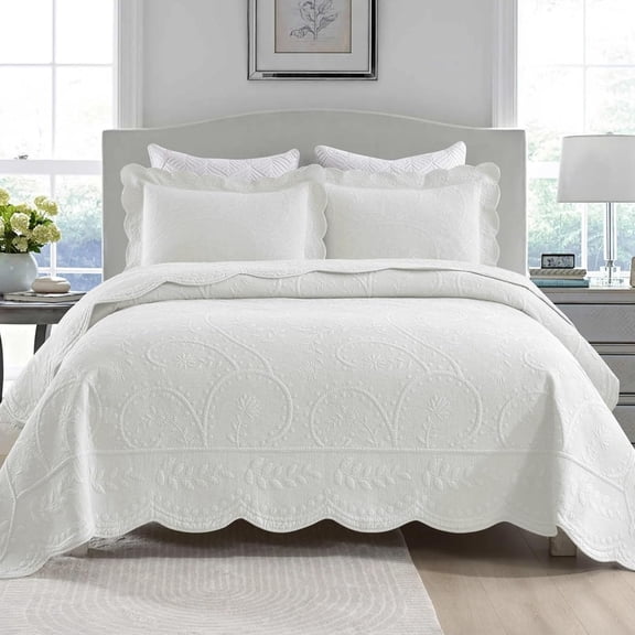 LUDYSHARE 3-Pc 100% Cotton Oversized Quilt Set, Lightweight Embroidered Farmhouse Bedspread, Bright White King 118"x106"
