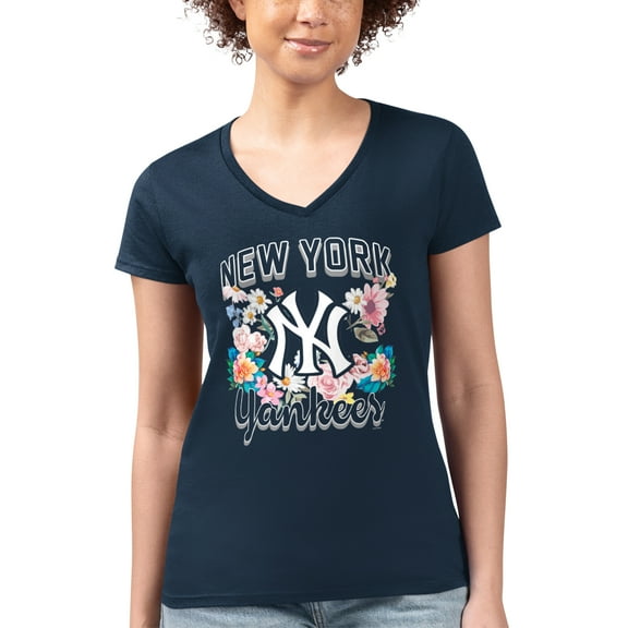 Women's G-III 4Her by Carl Banks Navy New York Yankees Super-Slim Fit Lightweight Flowers Graphic V-Neck T-Shirt