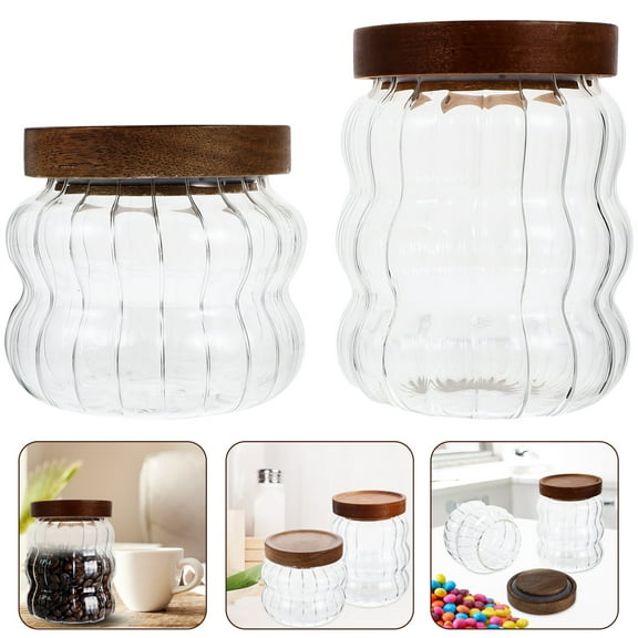 WINOMO Glass Food Storage Jars with Wooden Lids for Kitchen Canisters Transparent Sealed 2pcs