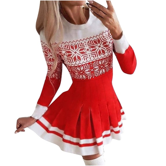 Lanhui Women Casual Dress Christmas Printed O-Neck Pleated Skirt Long Sleeve Dress