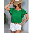 thumbnail image 2 of Womens Summer Ruffle Short Sleeve Crewneck Shirts Textured Ladies Elegant Business Blouses Dressy Casual Green Green S, 2 of 6