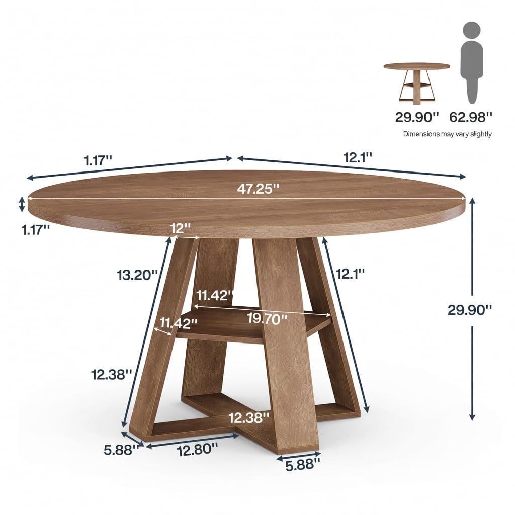 Hommoo 47.24 Inch Round Farmhouse Dining Table for 4-6 People, Kitchen Table with X-Cross Base & Built-in Storage Shelf, Walnut