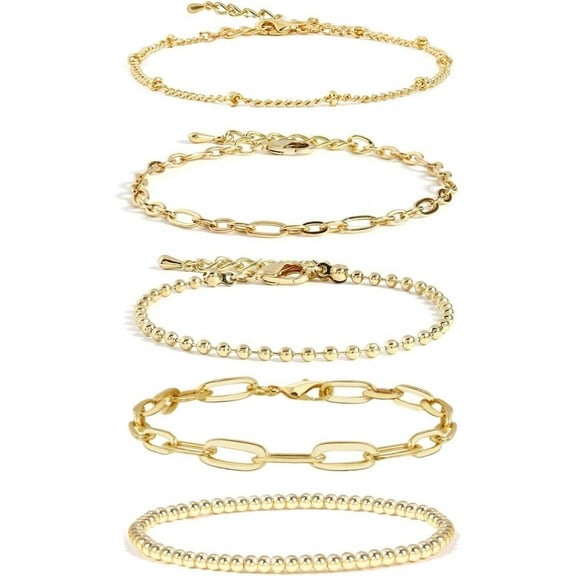 Gold Chain Bracelet For Women,14K Real Gold Link Dainty Bracelets Stake Adjustable Layered Bracelet Set Hypoallergen Gold Jewelry Style-4
