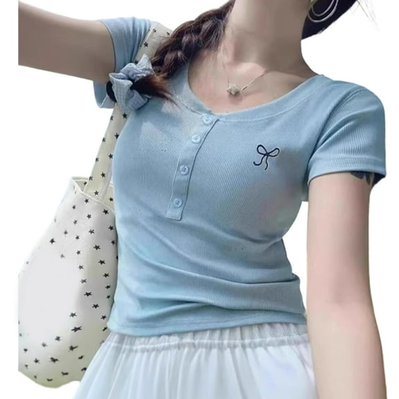 Huhudde Decorative Bows Embroidered Short Sleeve Blouse for Women Button Front Solid Color Ribbed T-Shirt Fitted Crop Top