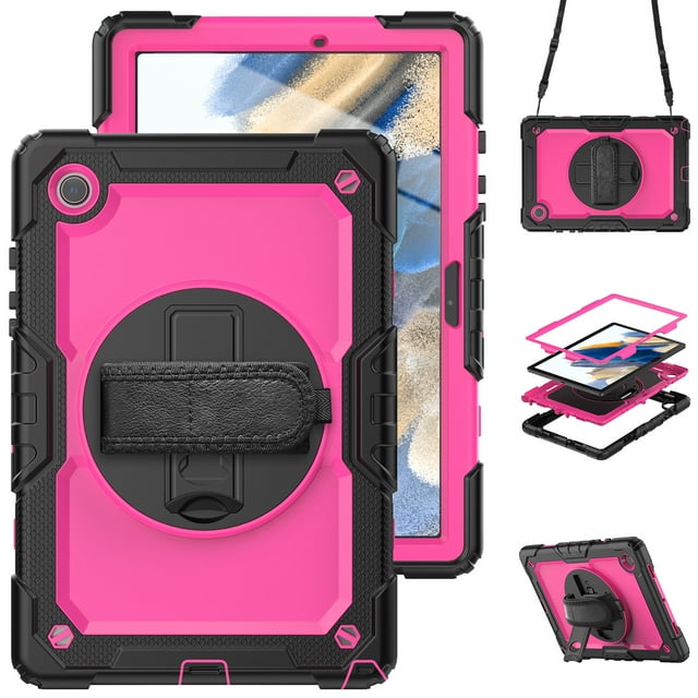 XYX For Samsung Galaxy Tab A8 Case 10.5 inch, 360 Rotating Shockproof Cover with Stand, Screen Protector, Shoulder Strap (2022, SM-X200/X205/X207), Rose PC