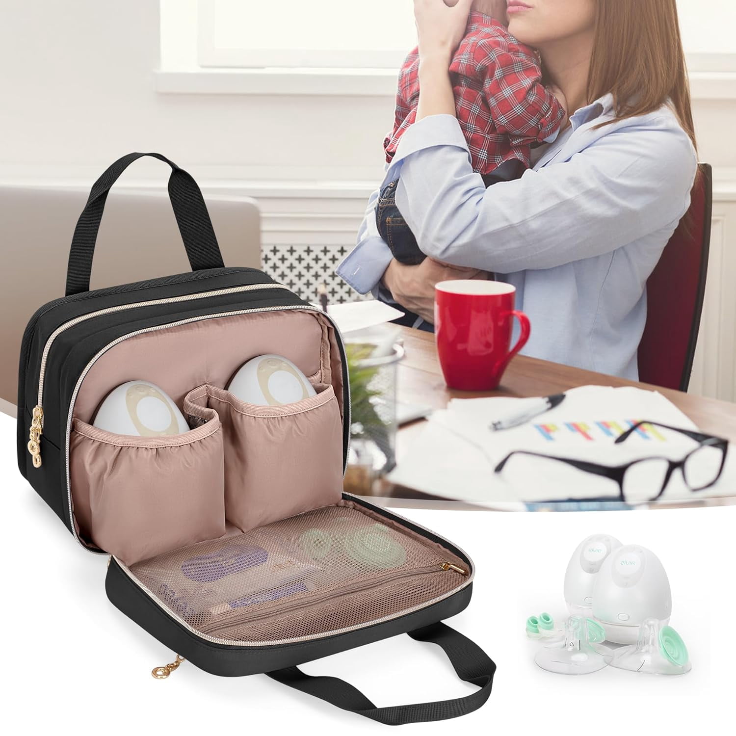 Damero Wearable Breast Pump Bag Compatible with Elvie, Willow and Momcozy Breast Pump, Carrying Case for Hand-Free Wearable Breast Pumps, Pump Parts and More, Pink