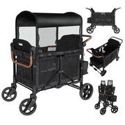 Touheart Wagon Stroller 4 Passenger with Adjustable Canopy, 5-Point Harnesses, Removable Seats, Black