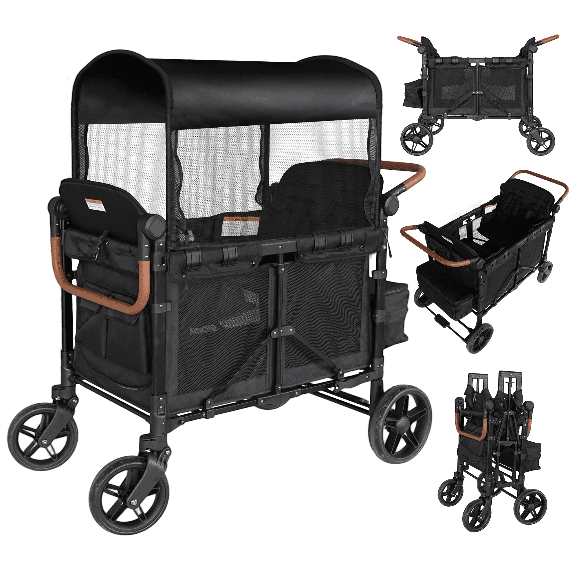 Touheart Wagon Stroller 4 Passenger with Adjustable Canopy, 5-Point Harnesses, Removable Seats, Black