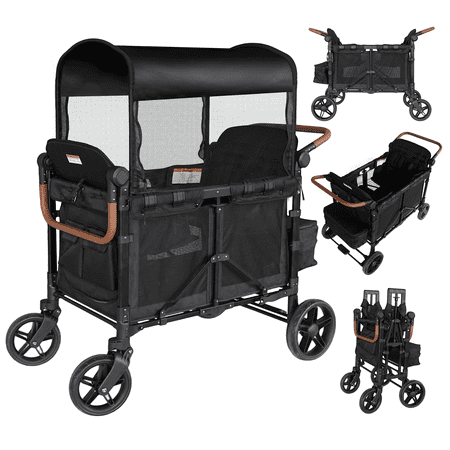 Touheart Wagon Stroller 4 Passenger with Adjustable Canopy, 5-Point Harnesses, Removable Seats, Black