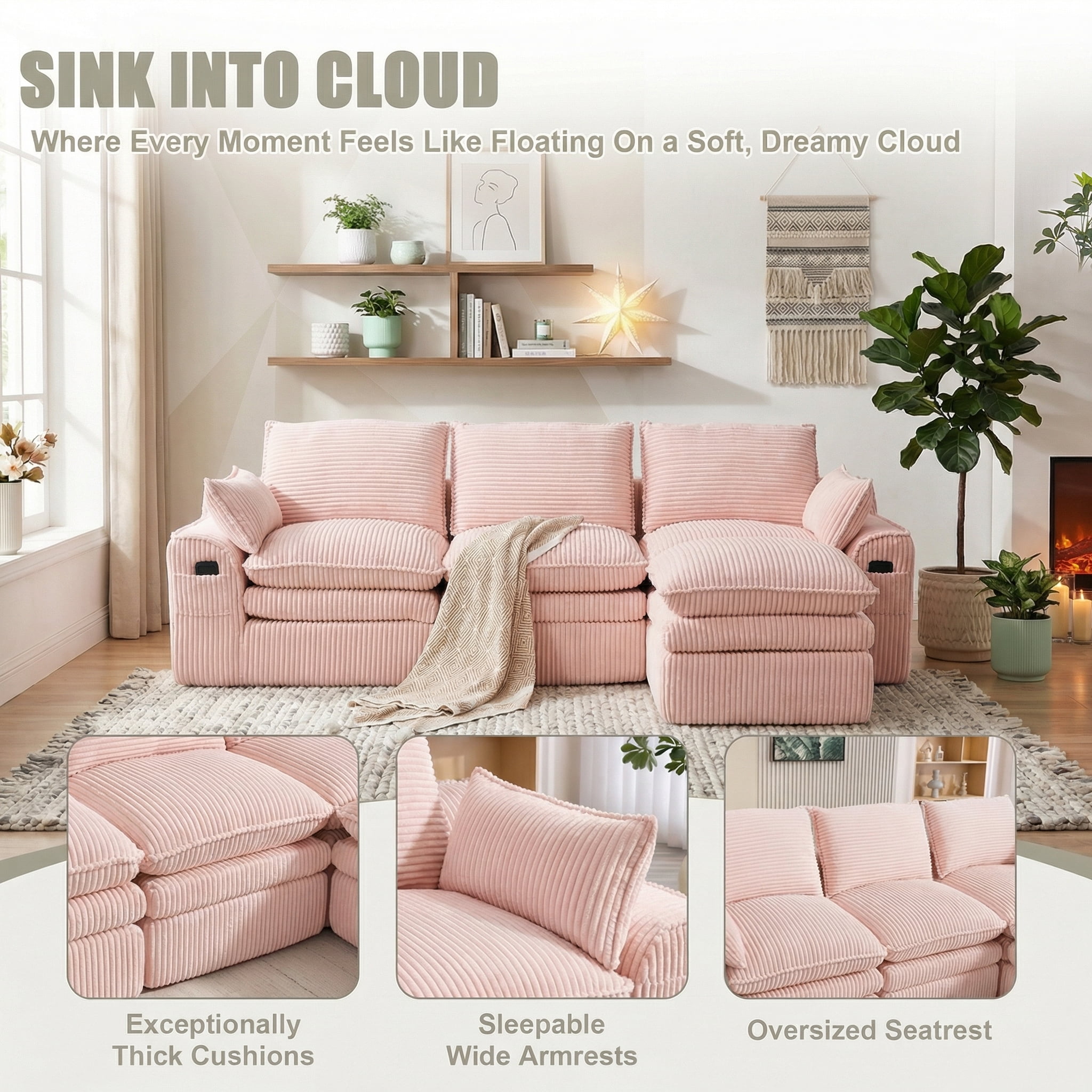 104" Modern Modular L-Shaped Sectional Cloud Sofa, Compressed Corduroy Floor Couch with Movable Ottoman