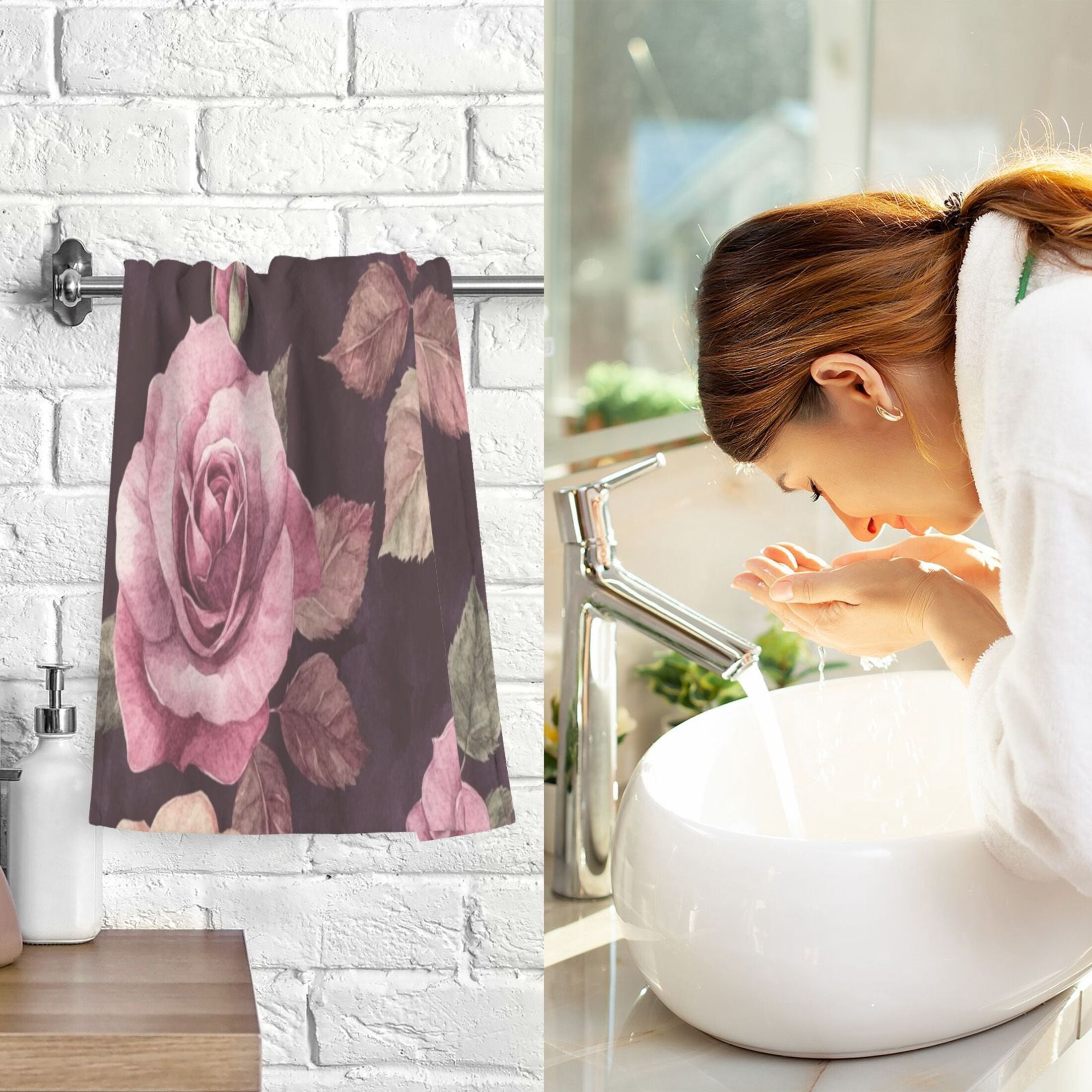Cotton Towel Two-Piece 16x28 Inch One Sizex2 Face Towel Set Towel Set Cotton Hand Bath Towel Bathroom Beach Maroon Roses Seamless