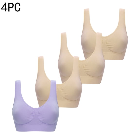 Xfvqtps 4PC Large Size Sports Bras for Women No Underwire Fold Elastic Soft Comfortable Breathable Yoga Bra Purple