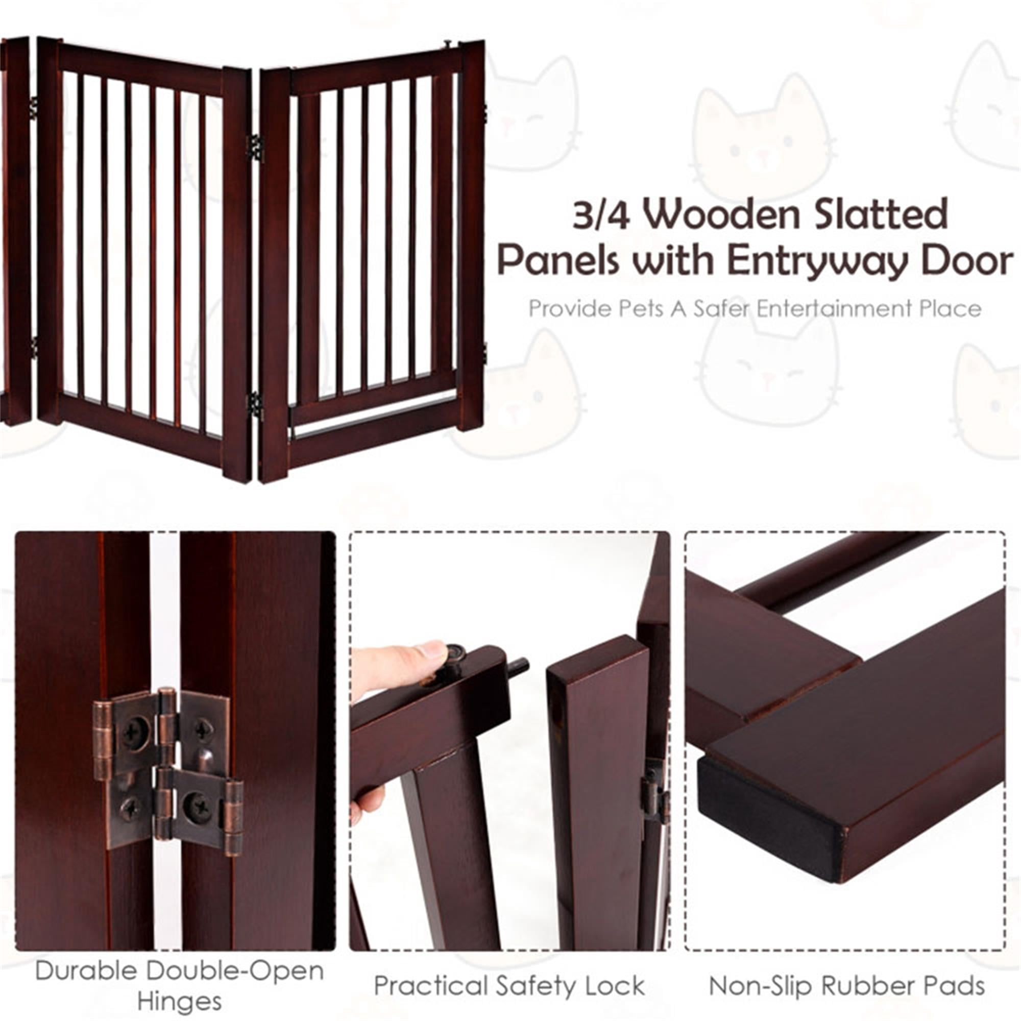 Demi Bonn 30"H 4 Panel Wood Folding Fence Freestanding Pet Gate, Stairs Step Over Divider for Dogs and Puppies, Brown