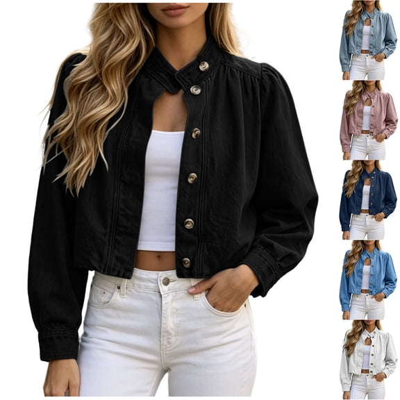 Jovrlynd Cropped Denim Jacket Women Long Sleeve Button Down Crop Jean Shacket with Pockets Trendy Distressed Jean Jacket