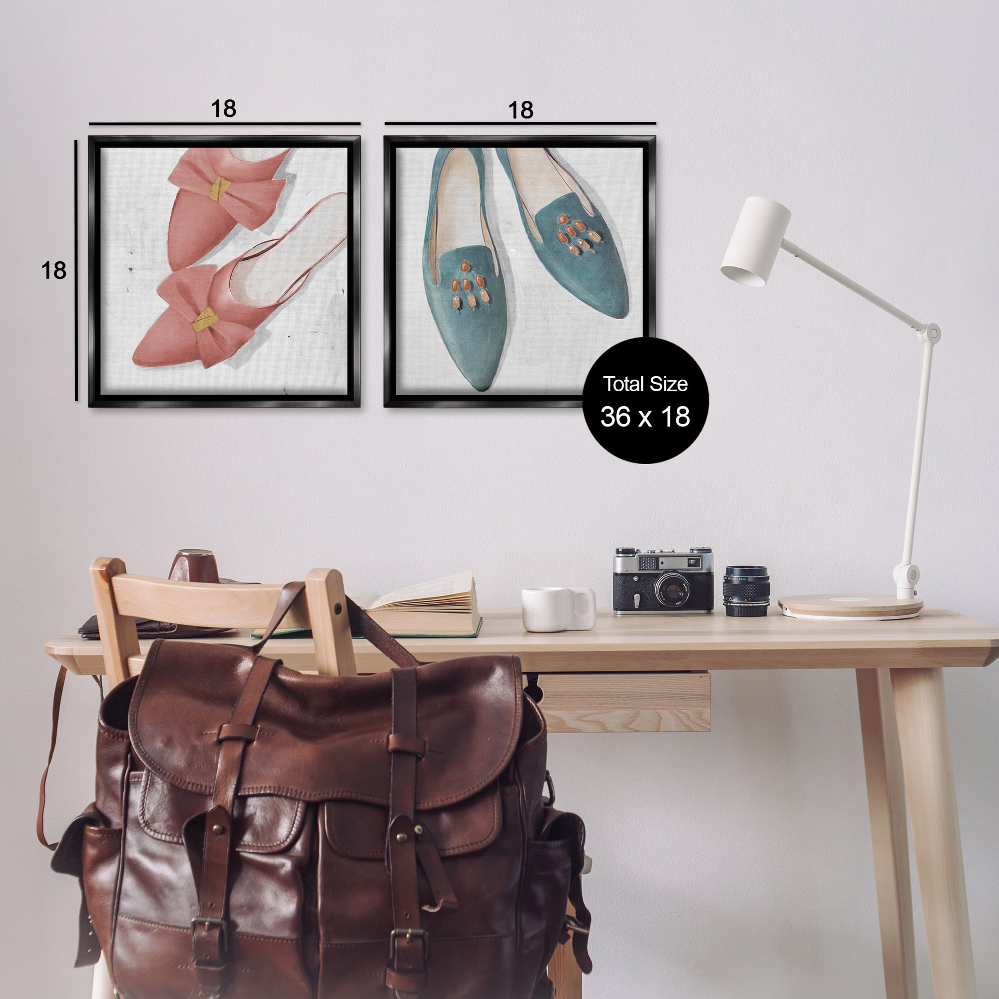 Stupell Industries Pink & Blue Fashion Flats Fashion Painting Black Floater Framed Canvas Art Print Wall Art, 18 x 18, Set of 2