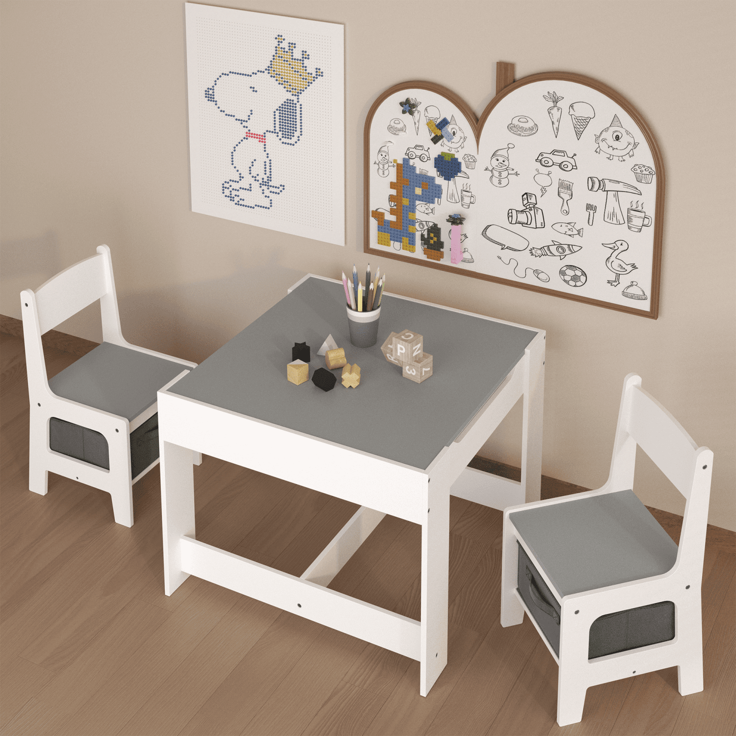 3 in 1 Wooden Kids Table and Chair Set, 2 in 1 Detachable Double-Sided Tabletop with Storage Drawer, White & Gray MDF Activity Table for Toddlers Drawing Reading Crafts, Ideal for Nursery Playroom