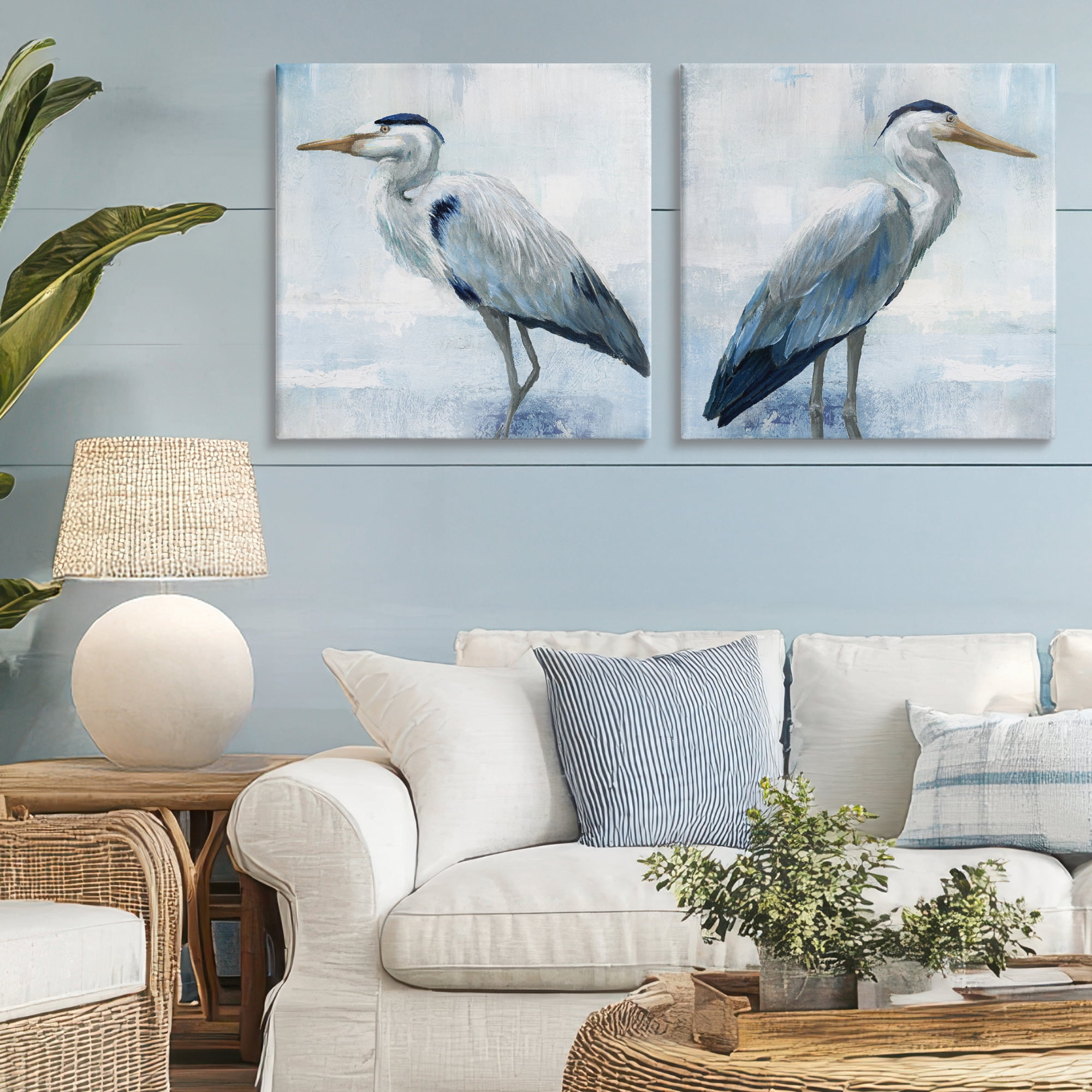 Stupell Industries Faded Blue Coastal Herons 2 Piece Canvas Wall Art Set, design by Nan