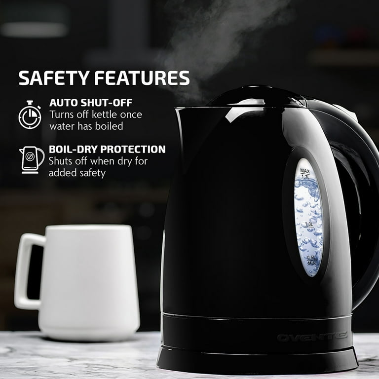 OVENTE Stainless Steel Electric Kettle Hot Water Boiler 1.7 Liters 1750W  Fast Boiling BPA Free with Automatic Shut Off & Boil Dry Protection  Portable Instant Heater for Coffee Tea Milk, Silver KS711S 