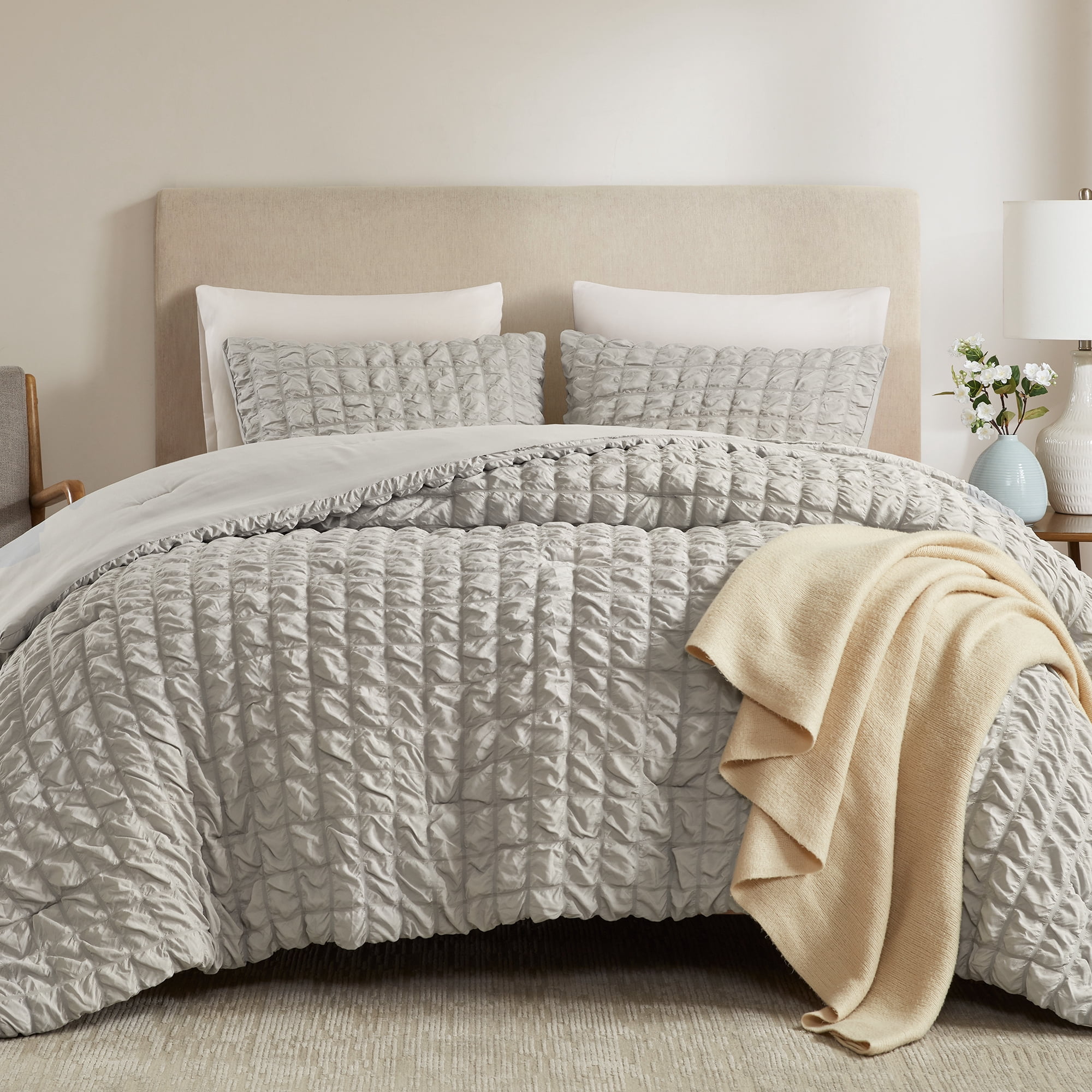 Mainstays King Comforter Set, All-Season, 3-Piece, Grey Puffy Seersucker