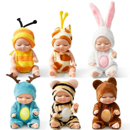 6 Pcs Mini Reborn Doll,Realistic Cute Small Washable Smooth Tiny Dolls with Animal Clothes for Girls Boys Kids Birthday Christmas Shower (Animal Theme)