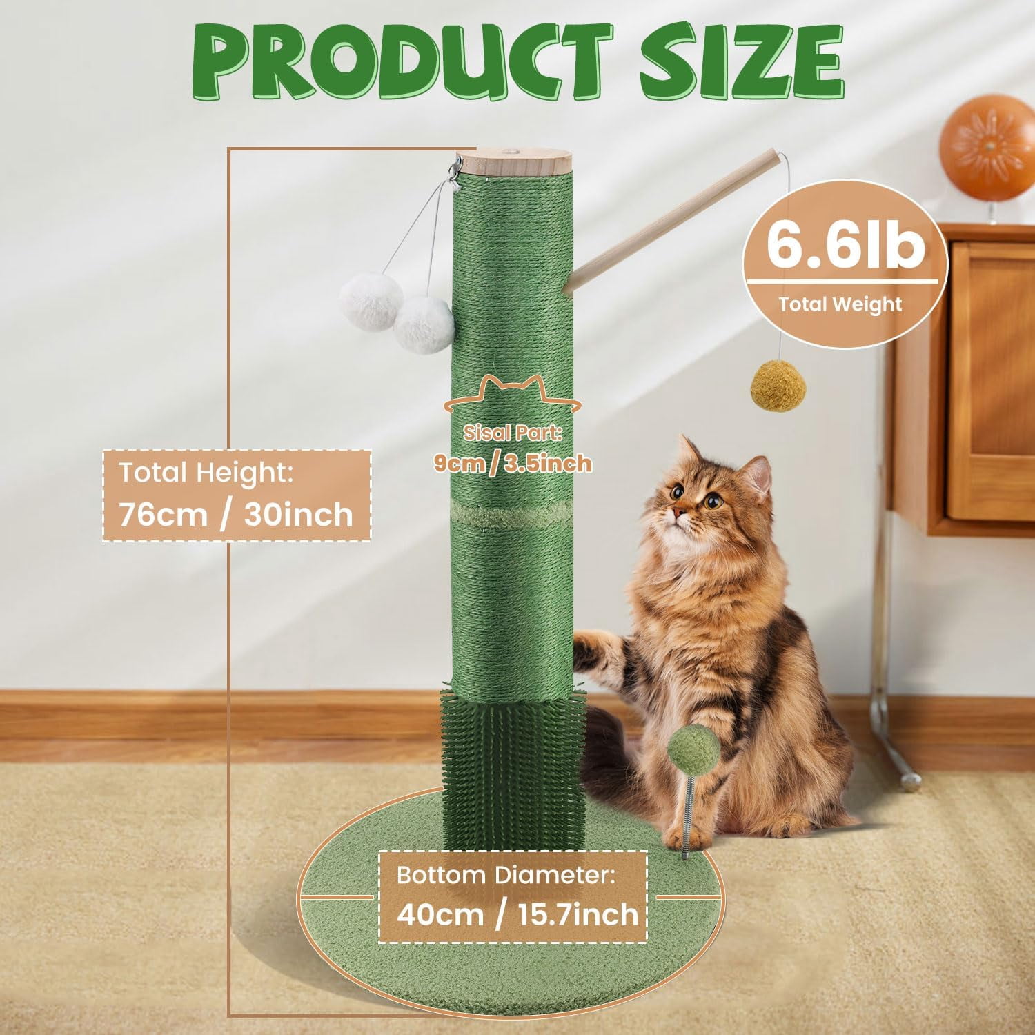 30" Tall Cat Scratching Post with Self Groomer Cat Brush, Sisal Scratch Posts with Removable Cat Teaser, Kitten Claw Scratch 4 Dangling Toy Balls, Cat Scratcher Post for Indoor Cats and Kittens