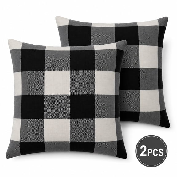 Set of 2 Farmhouse Buffalo Check Plaid Throw Pillow Covers Cushion Case Linen for Christmas Home Decor Black and White, 18 x 18 Inches