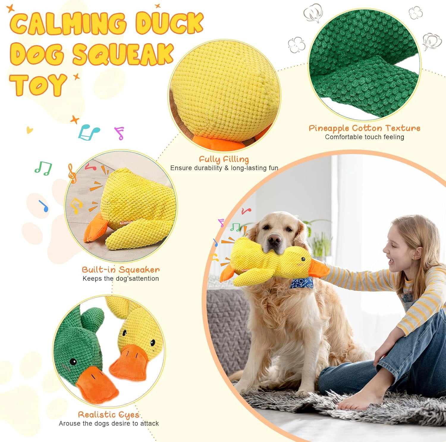 Interactive Plush Duck Dog Toy with Quack Sound, Soft Stuffed Play Toy for Small, Medium and Large Dogs