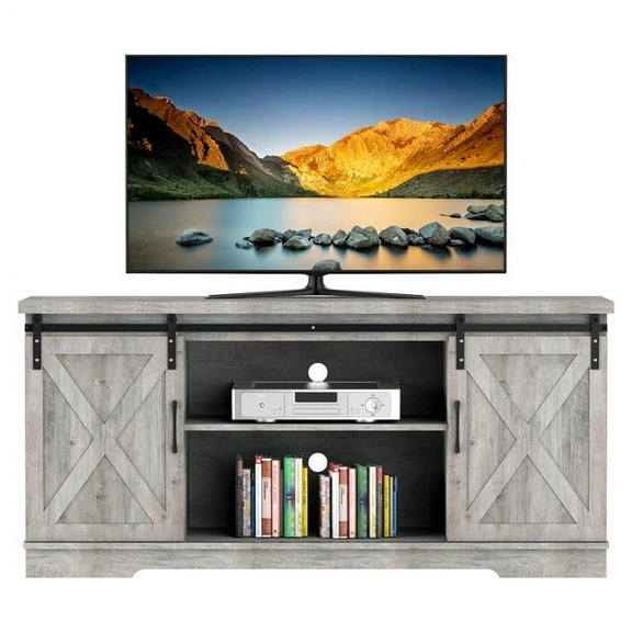 Coolmee Wood Farmhouse Sliding Barn Door TV Stand for 65" TV, Wooden Media Center Console Table TV Cabinet
