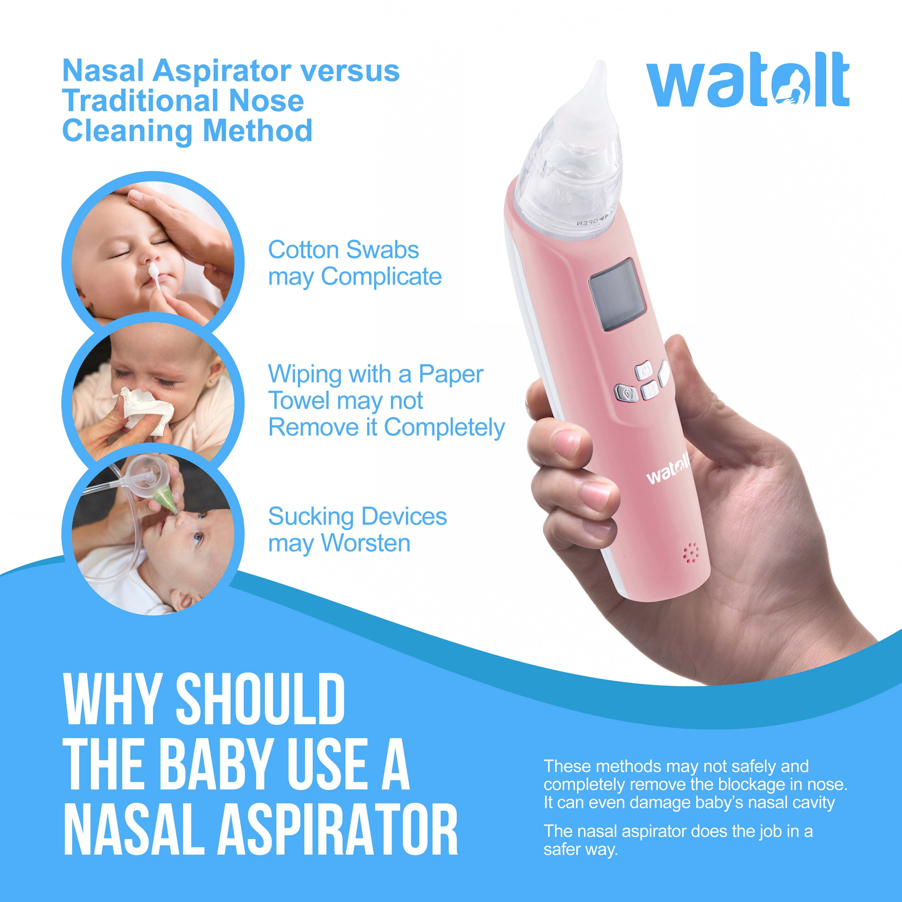 Watolt Baby Nasal Aspirator - Electric Nose Suction for Baby - Automatic Booger Sucker for Infants - Battery Powered Snot Mucus Remover for Kids Toddlers (White, Standard)