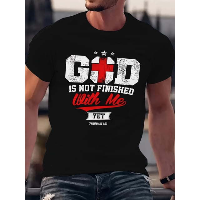 T-Shirt Message Inspirant Chrétien - Polyester 100 %, Col Rond Décontracté avec Légère Élasticité, Coupe Régulière Manches Courtes pour l'Été, Tissu Tricoté Adulte avec Impression 3D 'Dieu n'Est Pas Fini avec'