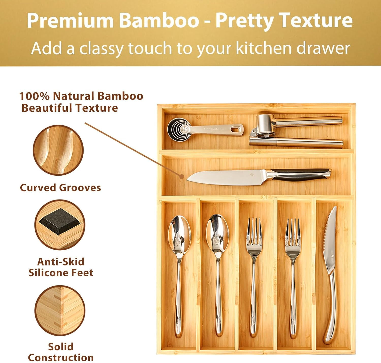 13 Inch Natural Bamboo Kitchen Drawer Organizer - 7-Slot Extra Deep Grooved Utensil Tray for Flatware, Knives, Forks & Spoons