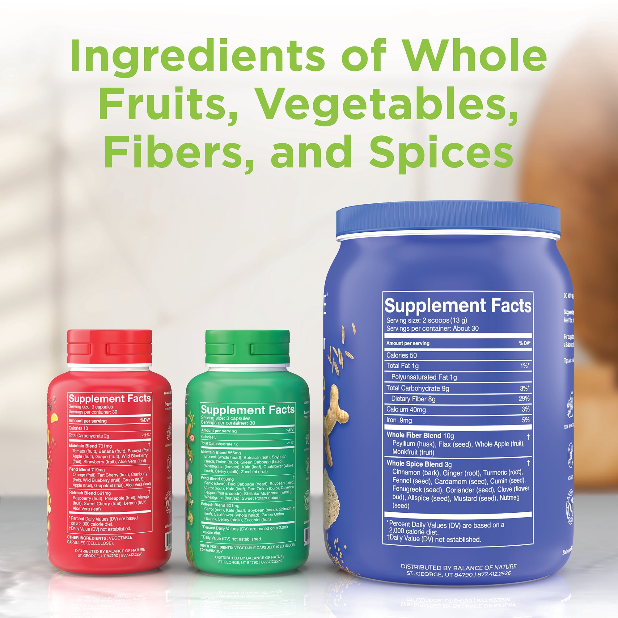 Balance of Nature Whole Health System - Whole Food Fruits & Veggies and Fiber & Spice Supplements - 30 Servings Each