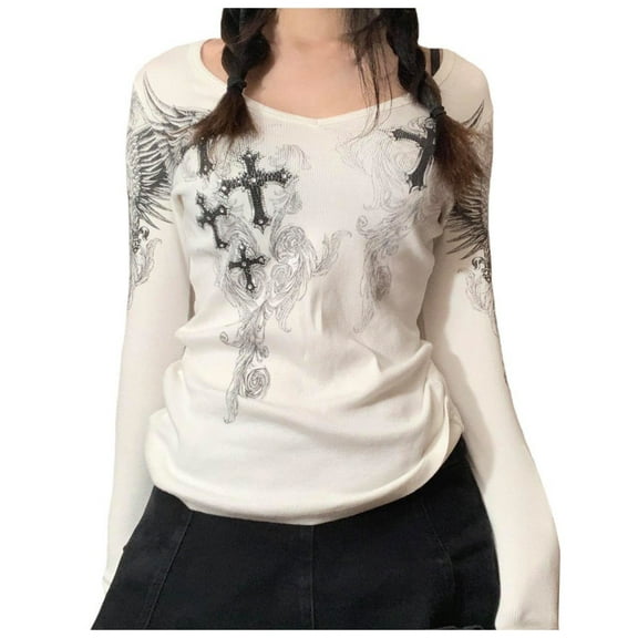 Women's Tops Gothic Graphic Long Sleeve Loose Fairy Sweat Crew Neck T Shirts for Women White